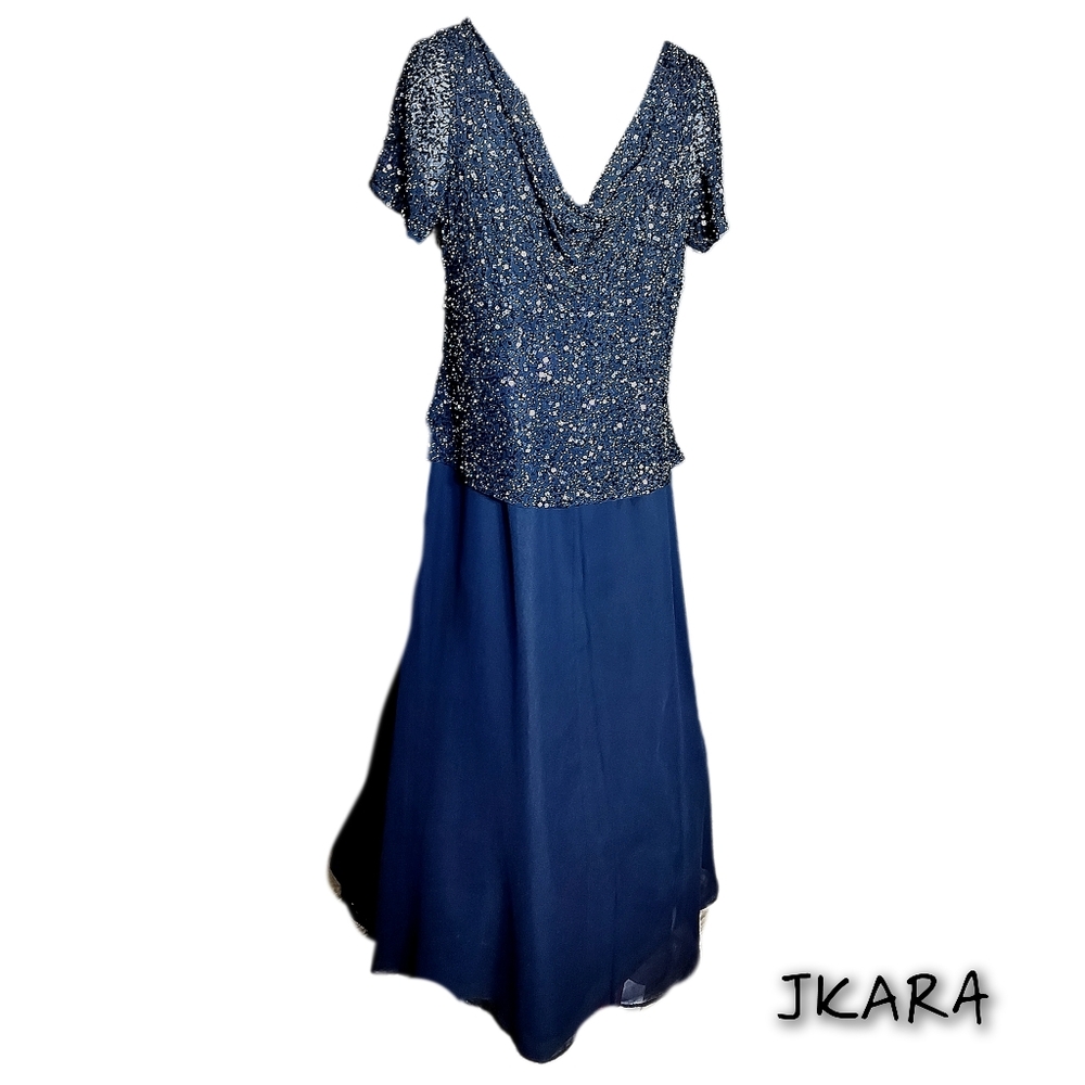 JKARA New York Blue Sequin Maxi Dress Draped Cowl Neck |  Formal Evening | Sz 8